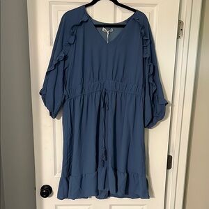 Grace Karin Blue Midi Dress with Ruffle Sleeves